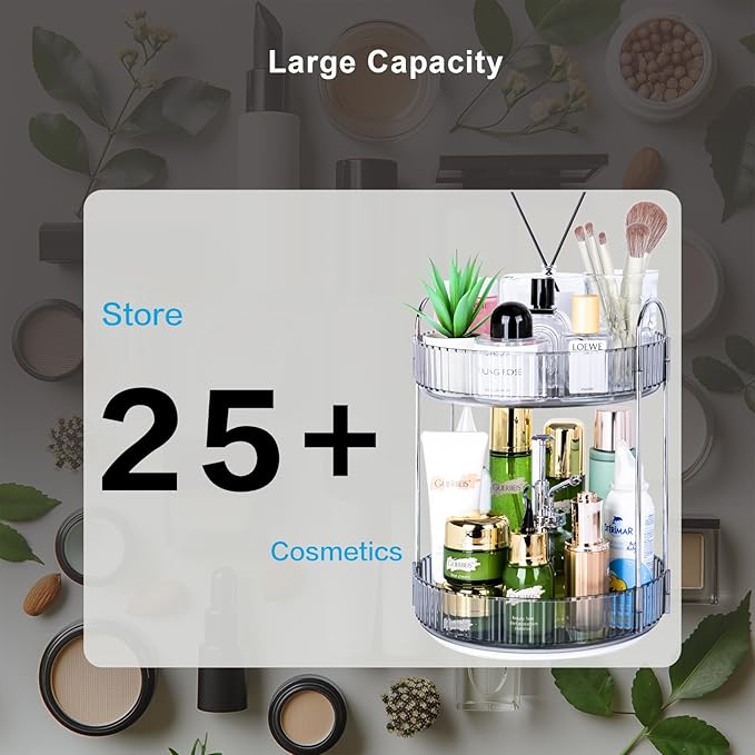360 Rotating Makeup Organizer, 2 Tier Lazy Susan Bathroom Counter Organizer, Skincare Organizers, Spinning Perfume Organizer 