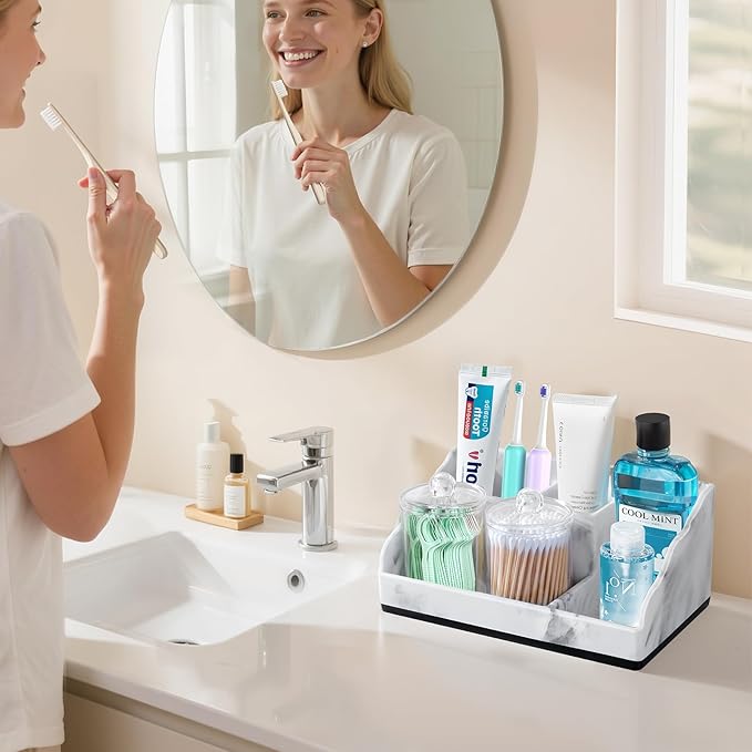TuCao Marble Bathroom Countertop Organizer, Toothbrush Holders for Bathroom with 2PCS Qtip Holder Dispenser and Toothpaste Ho