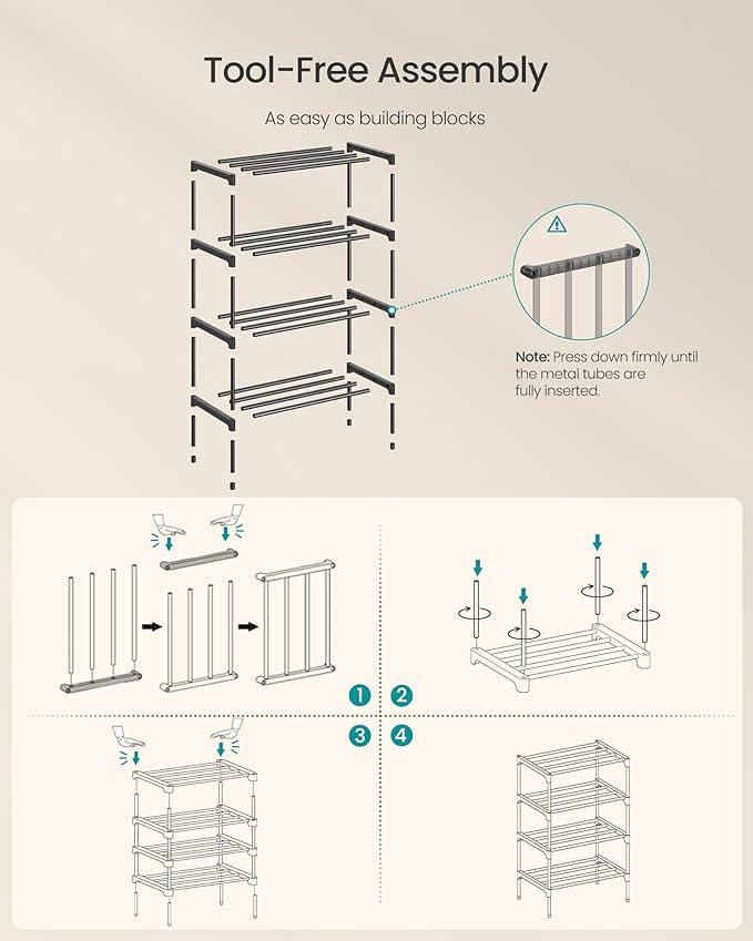 SONGMICS 4-Tier Shoe Rack for Closet, Compact Metal Shoe Organizer Shelf for Entryway, Bedroom, Small Spaces, Stackable, 11.8