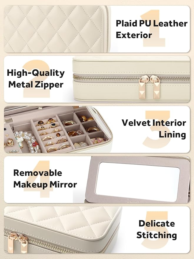 Travel Jewelry Case with Mirror, Quilted Small Jewelry Box Organizer for Women Girls, Portable Earring Necklace Bracelet Ring