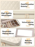 Travel Jewelry Case with Mirror, Quilted Small Jewelry Box Organizer for Women Girls, Portable Earring Necklace Bracelet Ring