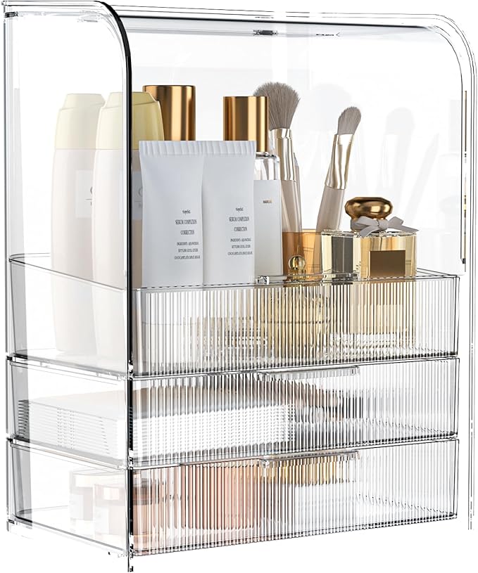 GearFusion 3 Tier Clear Cosmetic Organizer, Makeup Display Case with Lid & Drawers, Countertop Dresser Vanity Storage Box, Be