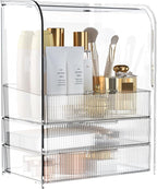 GearFusion 3 Tier Clear Cosmetic Organizer, Makeup Display Case with Lid & Drawers, Countertop Dresser Vanity Storage Box, Be