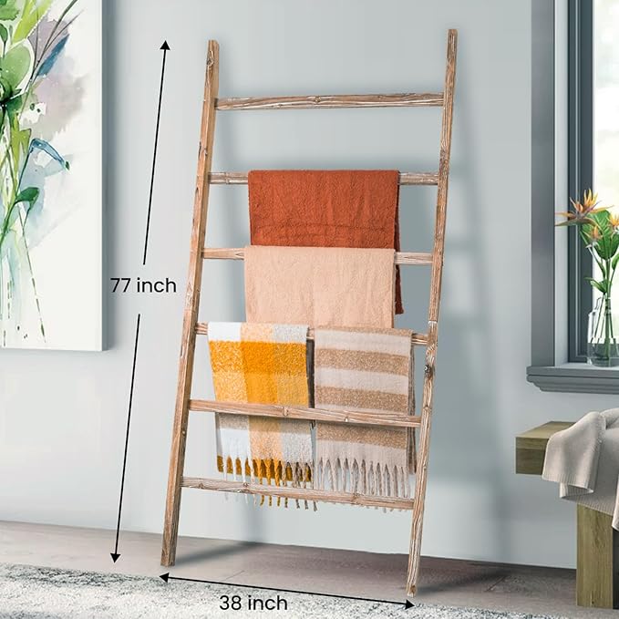 Blanket Ladder Shelf 6.4FT, 38 inch Wide Solid Wooden Blanket Ladder for Living Room, 6-Layer Farmhouse Rustic Towel Rack for