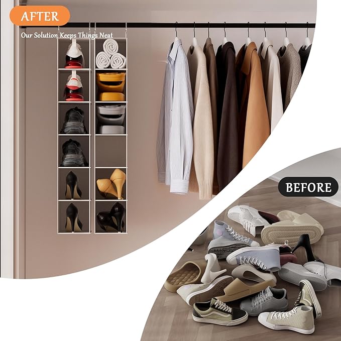 VERONLY Hanging Closet Shelf Shoe Organizer Set of 2 with Woven Bamboo Shelves,11.5 x 31.5 x 5.5 in, 6-Tier Design for Space-