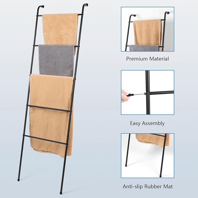 Blanket Ladder Bathroom Towel Holder Decorative Towel Rack 5 Tier Blanket Holder for Living Room Bathroom Laundry Room Black,