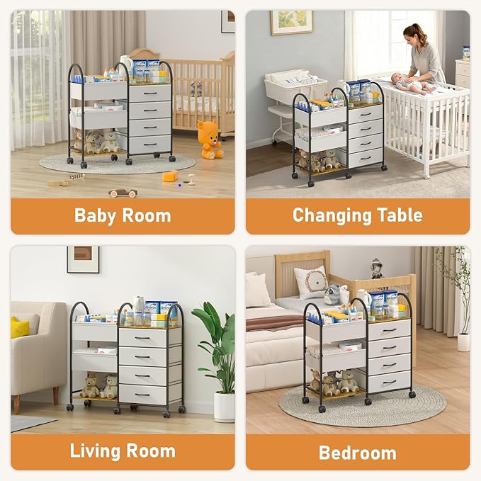 Baby Diaper Caddy Organizer Cart with Wheels, 4-Tier Rolling Diaper Cart with Dividers and Drawers, Multi-Layer Nursery Stora