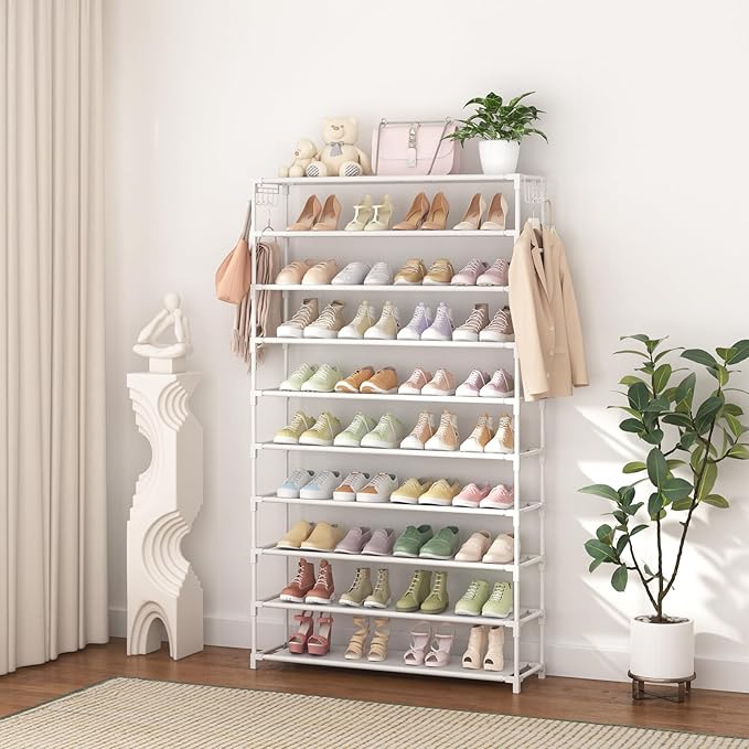 LANTEFUL 10 Tiers Shoe Rack 50 Pairs Large Capacity Tall Shoe Organizer Sturdy Shoe Storage with Two Hooks Space Saving Metal