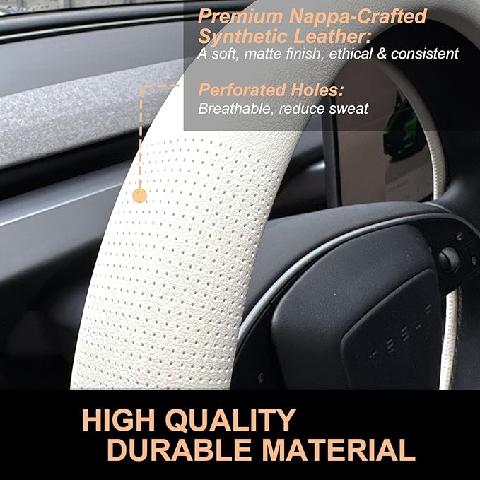 PINCTROT Nappa Leather Steering Wheel Cover for Tesla Model Y/3 Highland/Juniper, D Shaped 14 Inch Small Sized with Breathabl