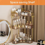 3-Tier Corner Bathroom Counter Organizer，Makeup & Skincare Shelf with Built-in Brush Holder，Space-Saving Bathroom Countertop 