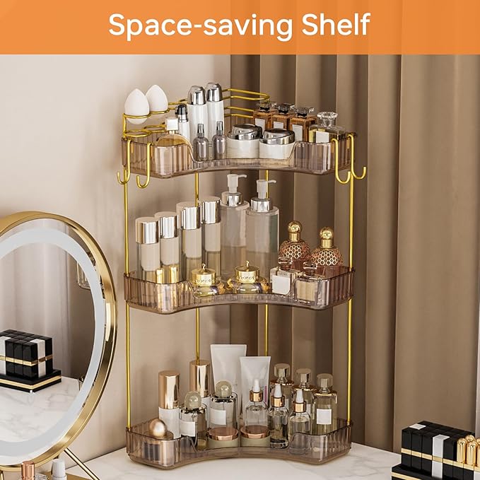 3-Tier Corner Bathroom Counter Organizer，Makeup & Skincare Shelf with Built-in Brush Holder，Space-Saving Bathroom Countertop 