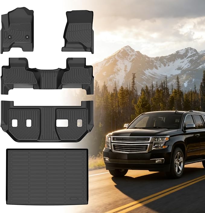 Floor Mats for Chevy Suburban 2015 2016 2017 2018 2019 2020, for GMC Yukon XL(with 2nd Row Bench), 1st & 2nd Rows &Cargo Mat, TPE Non-Slip Waterproof Summer Winter Chevrolet Suburban Car Accessories