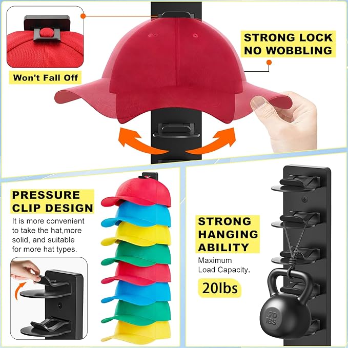 2 Pack MultiLayer Hat Organizer for Baseball Caps, Holds 16 Hats, Hat Hook for Wall, Dual Mount (Adhesive/Screws), Space Savi