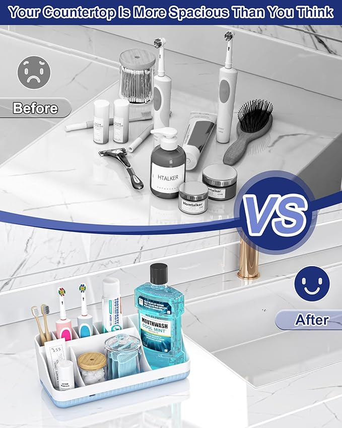 Bathroom Counter Organizer and Storage, 7 Slots Detachable Toothbrush Holders for Bathrooms, Anti-Slip Electric Toothbrush an
