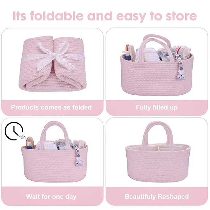 Baby Diaper Caddy Organizer for Girl Boy Rope Nursery Storage Bin Basket Portable Holder Tote Bag for Changing Table Car Trav