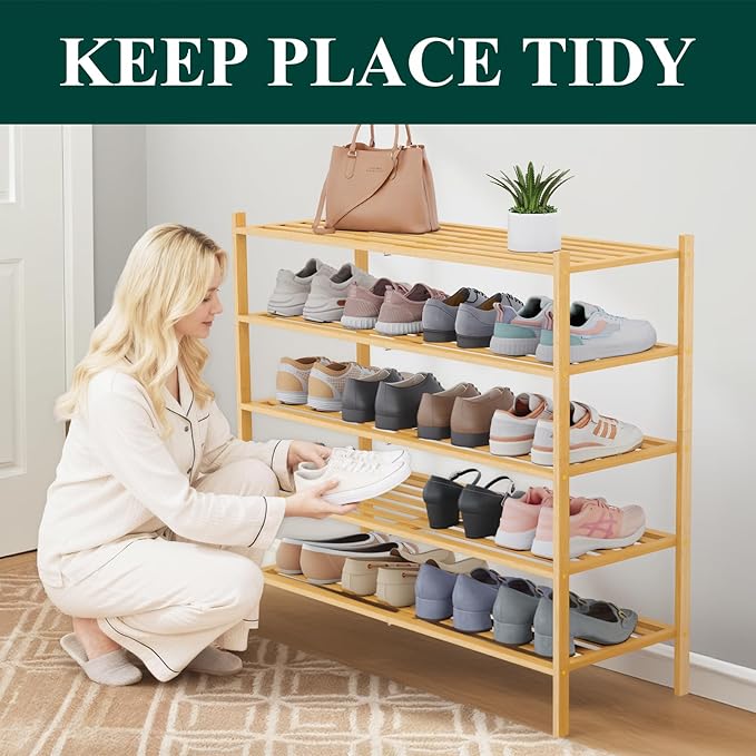Smiry Long Bamboo Shoe Rack 5-Tier, Stackable Wooden Shoe Organizer for Entryway & Closet, Free Standing Wood Shoe Storage Sh
