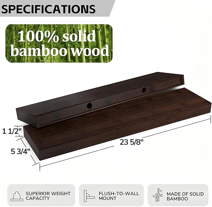 BAMEOS Solid Bamboo Floating Shelves, Set of 2 with Invisible Brackets, Natural Wood Grain Decor for Living Room, Bedroom, Ki