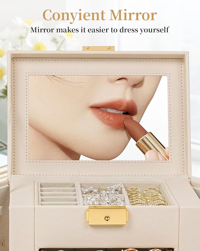 TORIBIO Jewelry Box for Women, Leather Jewelry Organizer with Mirror & Lock, 3-Tier Jewelry Storage Organizer with 2 Drawers 