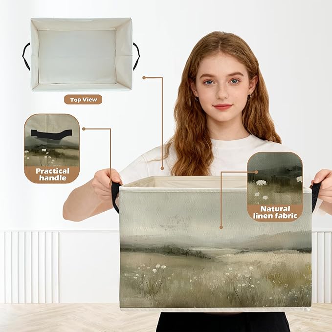 Vintage Rustic Floral Storage Box Bins, Watercolor Wildflower Meadow Collapsible Storage Basket Organizer for Bedroom Laundry