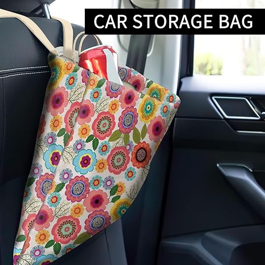 Car Trash Can, Cute Car Trash Bag, Hanging Car Organizer and Storage Bag, Trash Bin for Car Accessories, Vehicle, Travelling, Camping Cute Colorful Flowers