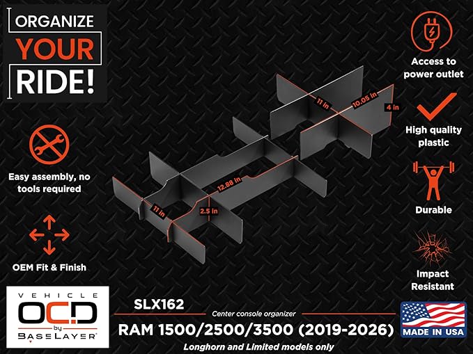 Vehicle OCD - Lower Center Console Organizer for RAM 1500/2500/3500 (2019-2026) (Longhorn and Limited models ONLY) - Made in USA - SLX162