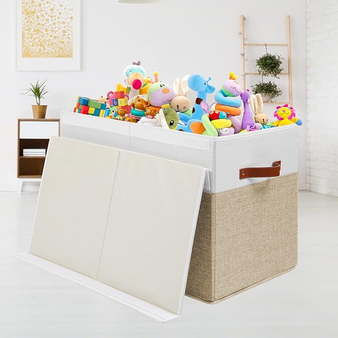 Gowee Large Toy Storage Box with Lid, Sturdy Toys Storage Chest Bin Organizer Basket with Dividers for Kids, Boys, Girls, Nur
