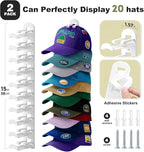 2 Pack Hat Organizer for Baseball Caps, Hat Rack for Wall Hold Up to 20 Hats, Hat Holder with Strong Adhesive and Screws, Hat