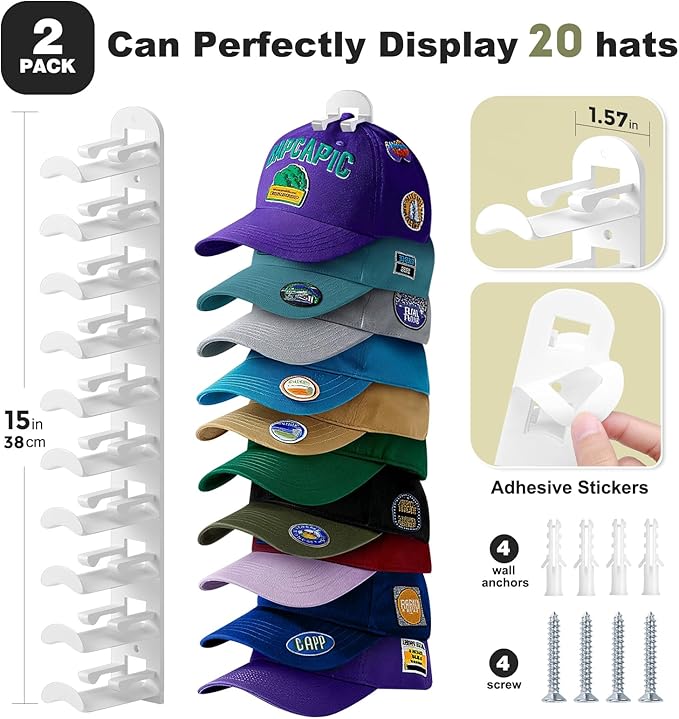 2 Pack Hat Organizer for Baseball Caps, Hat Rack for Wall Hold Up to 20 Hats, Hat Holder with Strong Adhesive and Screws, Hat