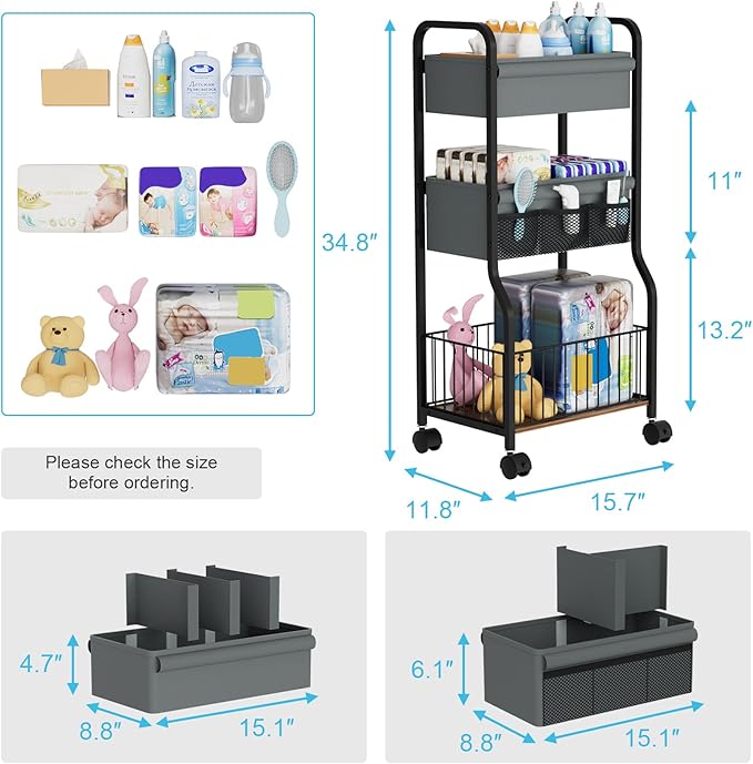 3-tier Baby Diaper Caddy Organizer and Storage Cart with 4+3 Dividers, Metal Utility Cart with Lockable Wheels for Nursery, B