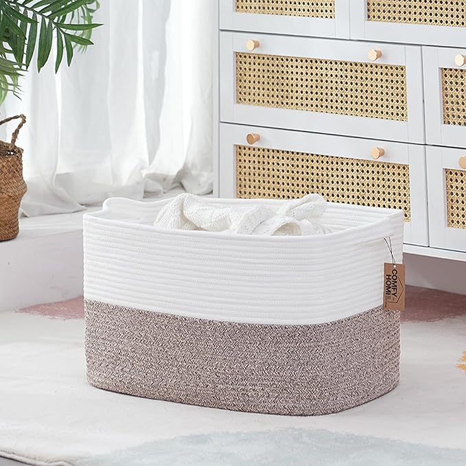 COMFY-HOMI Large Laundry for Organizing|Rectangle Cotton Rope Storage with Handles|Blanket for Living Room|Woven Laundry for 