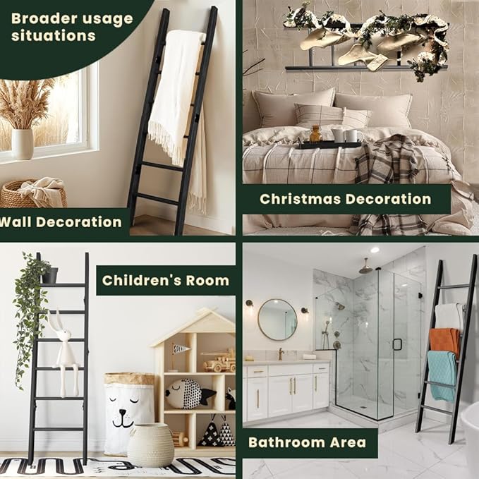 Decorative Wooden Blanket Ladder for the Living Room and Bedroom, 5ft 8 inch, Pine Wood Quilt Ladder, 6-Tier Wall Leaning Bla