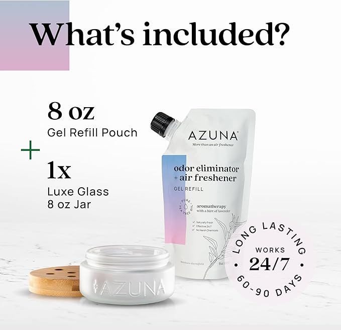 Azuna Air Freshener & Odor Eliminator for Strong Odor | 1 Room Kit Includes (1) Empty Luxe Glass Jar & 8oz Refill with Tea Tr