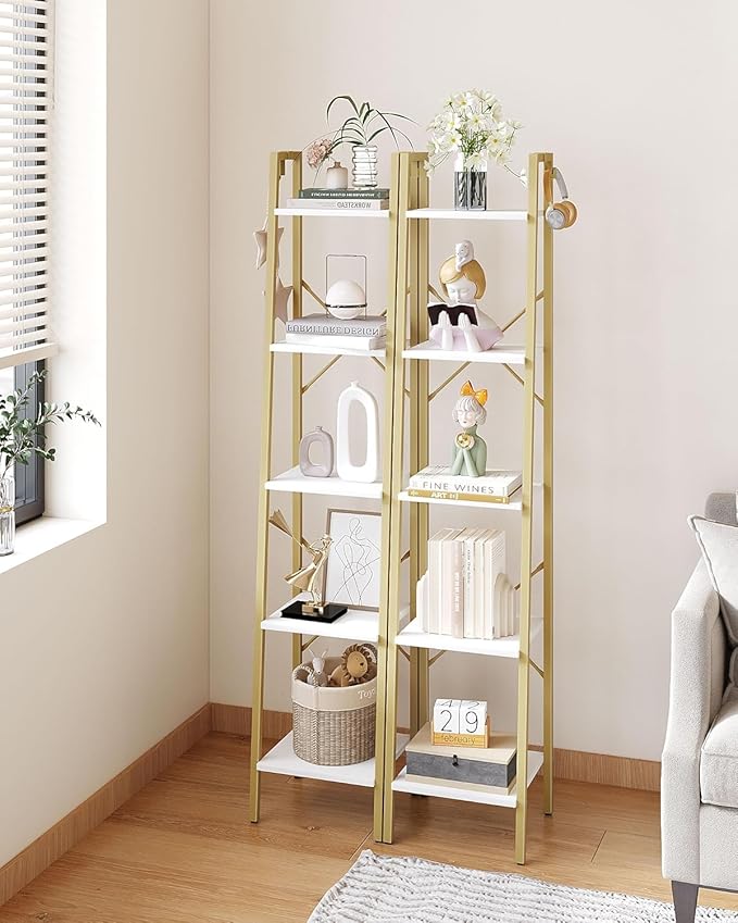Hzuaneri Ladder Shelf, Bookshelf Bookcase, Freestanding Corner Storage Shelve with 2 Hooks for Home Office, Living Room, Kitc