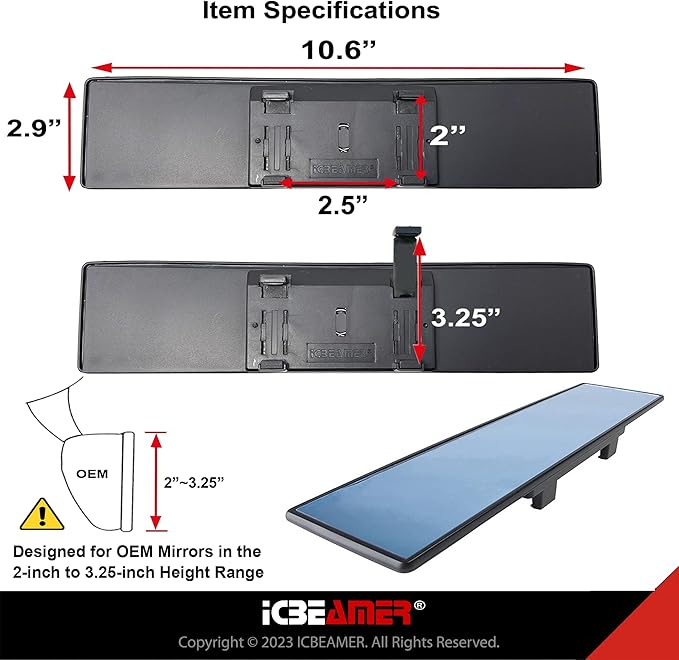 10.6" ICBEAMER Clip On Rear View Mirror | Flat Blue Tint, Panoramic Wide Angle HD Glass, Anti Glare, Universal Fit for Car, SUV, Truck | Eliminates Blind Spots (1 Pack)