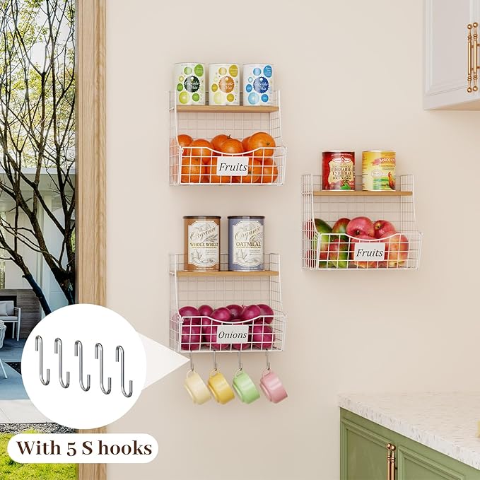 3 Pack Hanging Fruit Basket for Kitchen with Wood Lid - Onion and Potato Storage Fruit Bowl with Nameplate for Counter&Wall M