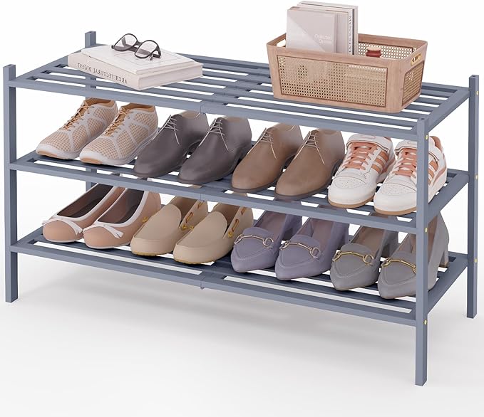 Smiry Long Bamboo Shoe Rack 3-Tier, Stackable Wooden Shoe Organizer for Entryway & Closet, Free Standing Wood Shoe Storage Sh