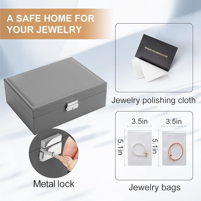 Jewelry Box for Women Girls 2 Layer Leather Travel Jewelry Organizer Storage Case with Lock and Removable Tray for Necklace E