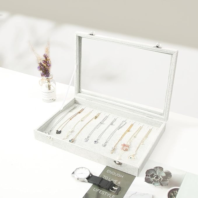 Coward 20 Hooks Necklace Organizer Jewelry Box, Grey Beige Velvet Necklace Display Tray Case with Transparent Glass Lid for H