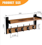 Wall Hooks with Shelf, Wood Coat Rack with Shelf Wall-Mounted, Entryway Hanging Shelves with 5 Metal Hooks for Clothes Hats T