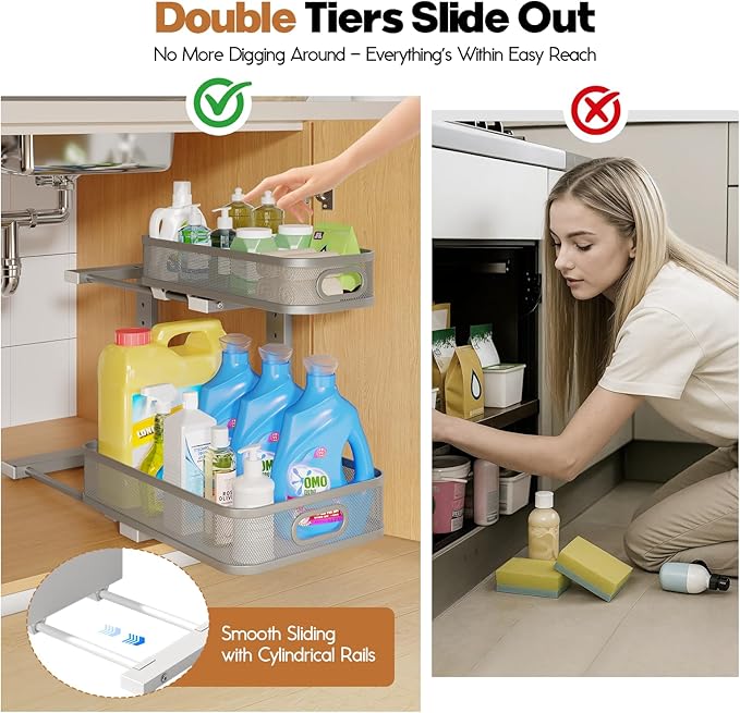 2 Pack 15.7IN-Depth Under Sink Organizer With Smooth Cylindrical Rail,2-Tier Pull Out Multi-Purpose Cabinet Storage for Bathr