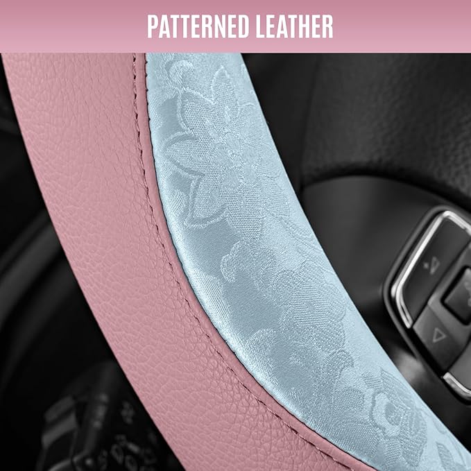 PIC AUTO Steering Wheel Cover, Light Blue Patterned & Pink Leather Patchwork Design, Universal Fit 14.5"–15.5", Anti-Slip, Od