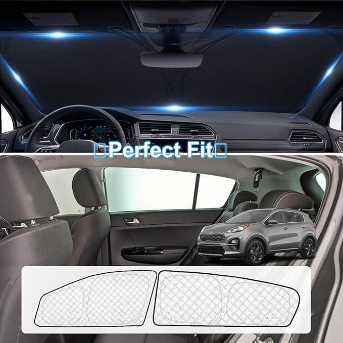 KMF 6pcs Thicken Sun Shades for KIA Sportage 2017-2022 Accessories, Custom Fit Full Car Window Covers for Windshield Side Rear, UV Block and Privacy Blackout for Camping Outdoor