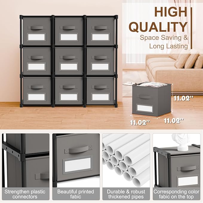 Geelin 9 Cube Storage Organizer with Fabric Bins and Labels 11 Inch, Fabric Collapsible Cubby Clothes Storage Drawer Dresser 