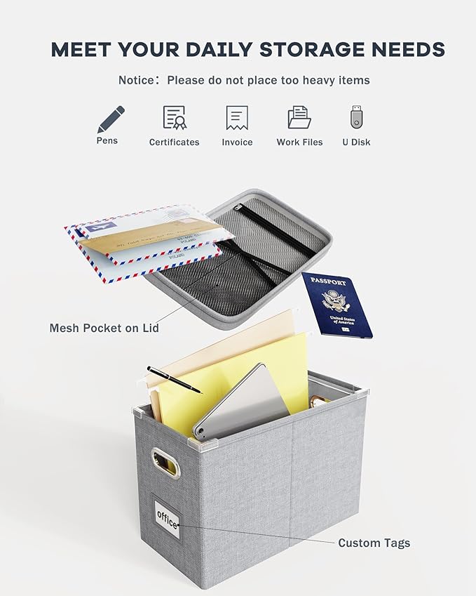 Oterri Hanging Filing File Box with Mesh Pocket, File Organizer Box with Lid, Collapsible Document Organizer Box for Letter S