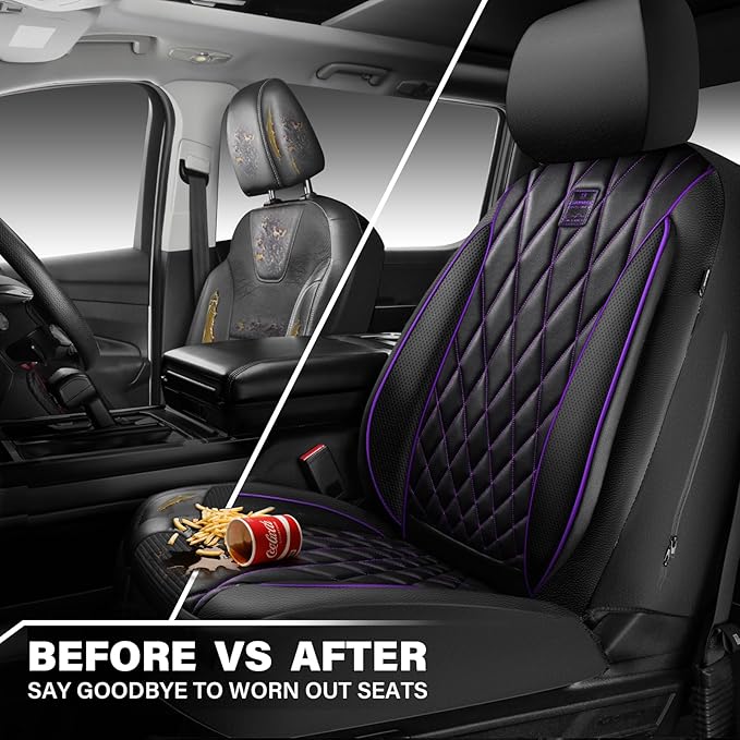 CAR PASS Piping Luxury Faux Leather Two Front Car Seat Covers, Waterproof Anti Slip Premium Automotive Seat Covers,Universal 