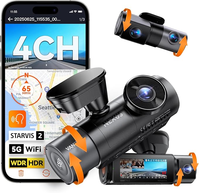 Vantrue N5S 4 Channel 360 Degree 2.7K Dash Cam, 4CH STARVIS 2 Night Vision, 2.7K+1080P*2+1440P Front Rear Inside Dashcam, 24/