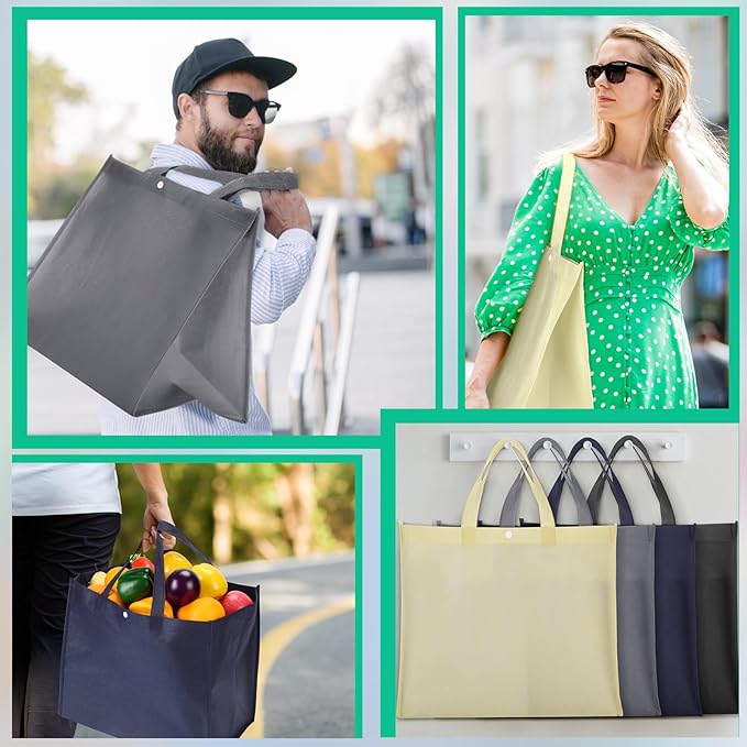 Zhehao 60 Pcs Reusable Grocery Shopping Bags Large Foldable Gift Tote Non Woven Fabric Bags with Handle and Plastic Button for Birthdays, Bridesmaids, Party Favors, 15 x 9.5 x 13 Inch (Neutral Colors)