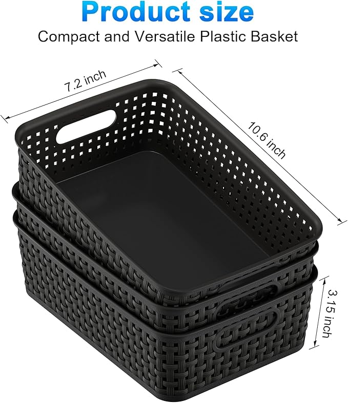 FUCDTEFC Black Plastic Basket, 8 Pack Home Organization and Storage Baskets with Handles, Space Saving Woven Organizer Bins P