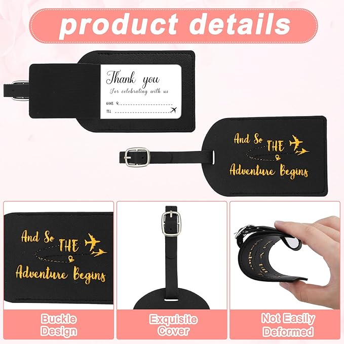 Sweetude 48 Sets Leather Luggage Tag Bulk and So The Adventure Begins Luggage Tags with Name Card for Wedding Bridal Shower B