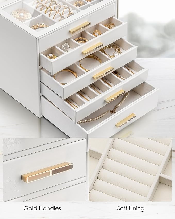 Vlando 5 Layer Jewelry Box for Women, Glass Lid Jewelry Organizer with 5 Drawers for Necklaces Rings Earrings Bracelets - Whi